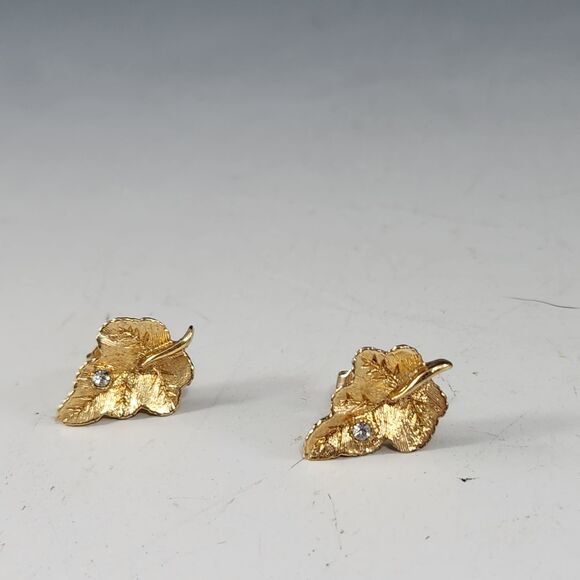 Gold Leaf Post Earrings Stick Pin Set Faux Diamond Avon Vtg Costume Jewelry Box - Picture 3 of 9